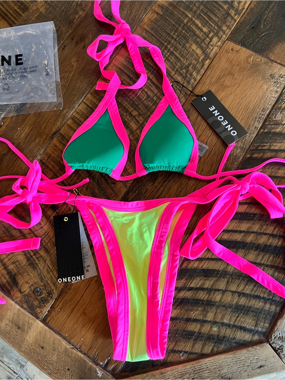 ONEONE Neon Pink & Green Tie-String Bikini Set